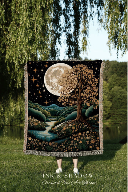 Vintage Landscape Throw Blanket Full Moon Fall Aesthetic Tree Tapestry Woven Wall Art Housewarming Gift Throw Blanket Cottagecore Aesthetic