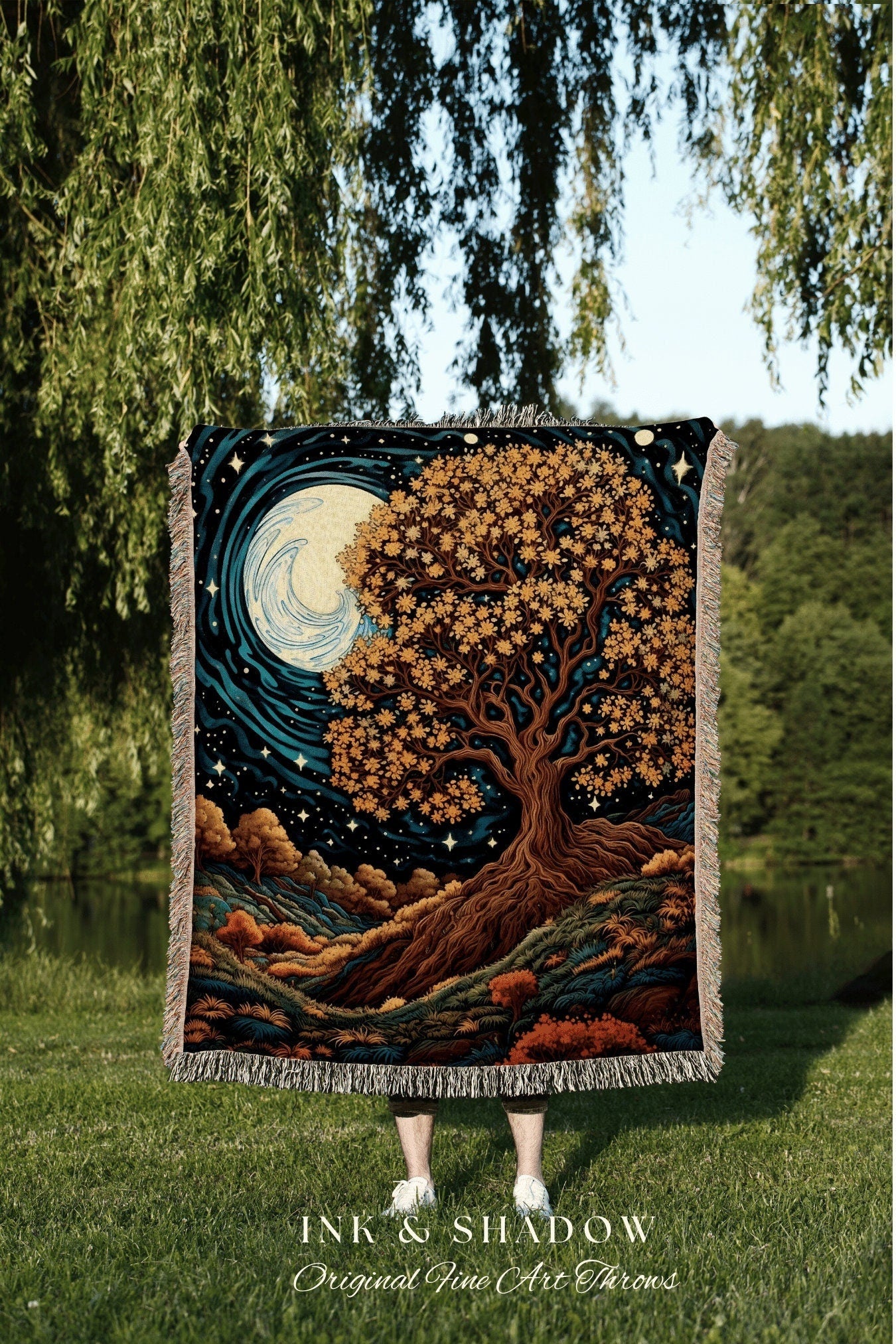 Full Harvest Moon Autumn Aesthetic Fall Tree Tapestry | Full Moon Stars Blanket Woven Wall Art Housewarming Gift Throw Blanket Cottagecore |