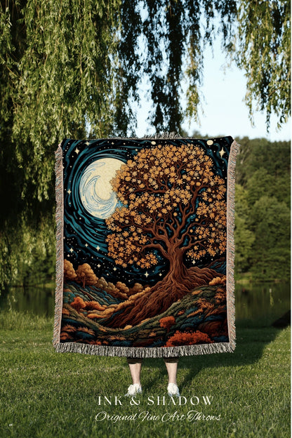 Full Harvest Moon Autumn Aesthetic Fall Tree Tapestry | Full Moon Stars Blanket Woven Wall Art Housewarming Gift Throw Blanket Cottagecore |