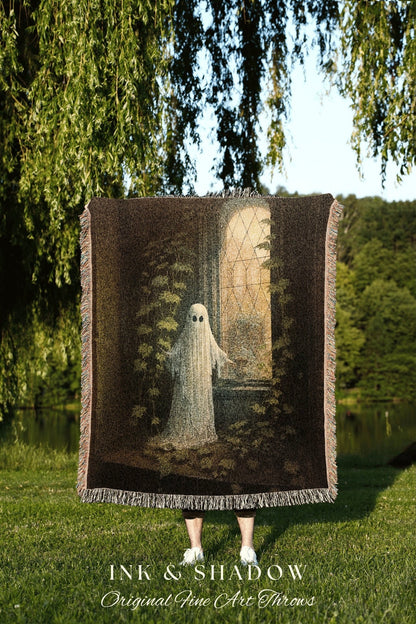 Gothic Garden Ghost Halloween Art Blanket Woven | Fall Aesthetic Vintage Ghost Art Woven Tapestry Halloween Decor Dark Academia Blanket Goth