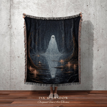 Moonlit Forest Ghost Reflection Woodland Gothic Tapestry Woven | Whimsigoth Moody Landscape Blanket Dark Cottagecore Forest Ghost Painting |