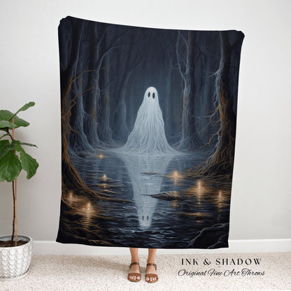 Moonlit Forest Ghost Reflection Woodland Gothic Tapestry Woven | Whimsigoth Moody Landscape Blanket Dark Cottagecore Forest Ghost Painting |