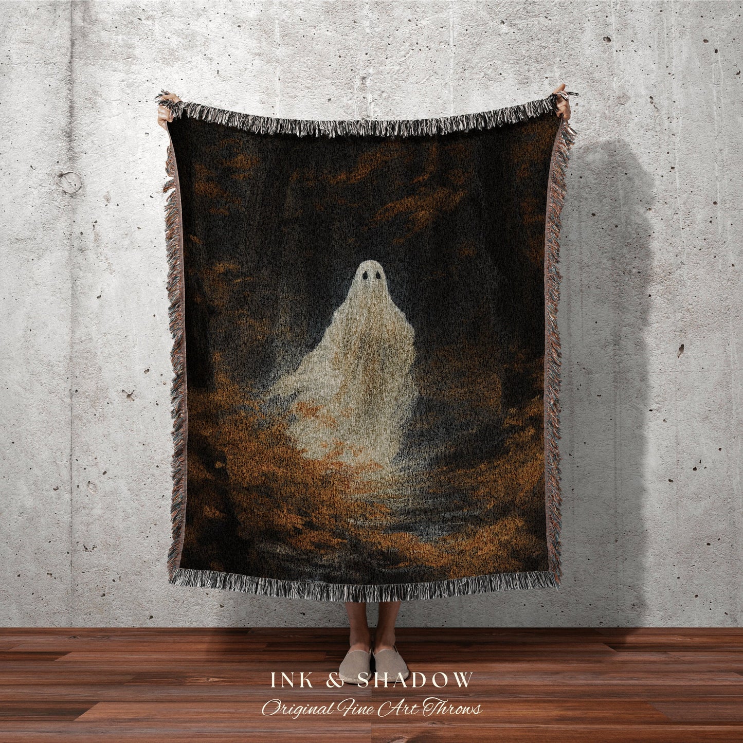 Woodland Spirit Tapestry Blanket Halloween Art | Fall Aesthetic Vintage Ghost Art Woven Tapestry Halloween Decor Dark Academia Blanket Goth