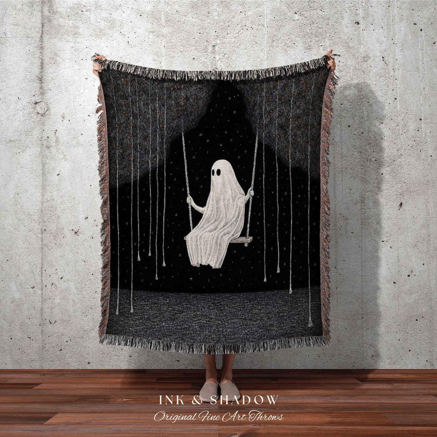 Ghost on a Swing Spooky Cute Blanket Woven | Goth Tapestry Wall Art Dark Academia Decor Cute Ghost Decor Vintage Witchy Halloween Aesthetic