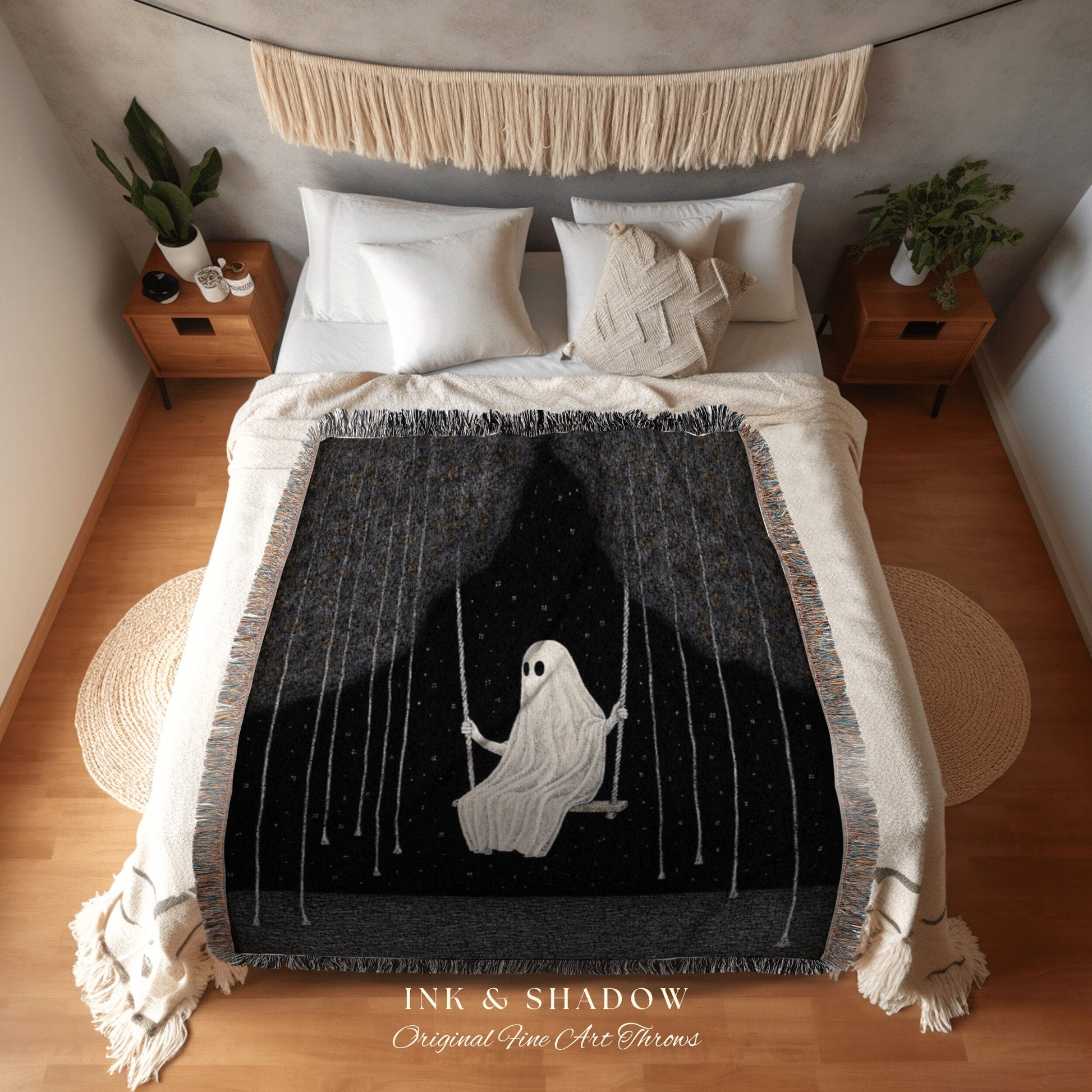 Ghost on a Swing Spooky Cute Blanket Woven | Goth Tapestry Wall Art Dark Academia Decor Cute Ghost Decor Vintage Witchy Halloween Aesthetic