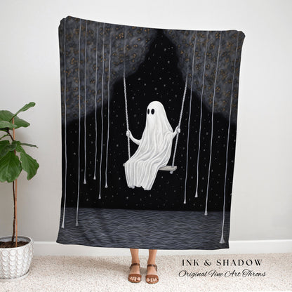 Ghost on a Swing Spooky Cute Blanket Woven | Goth Tapestry Wall Art Dark Academia Decor Cute Ghost Decor Vintage Witchy Halloween Aesthetic