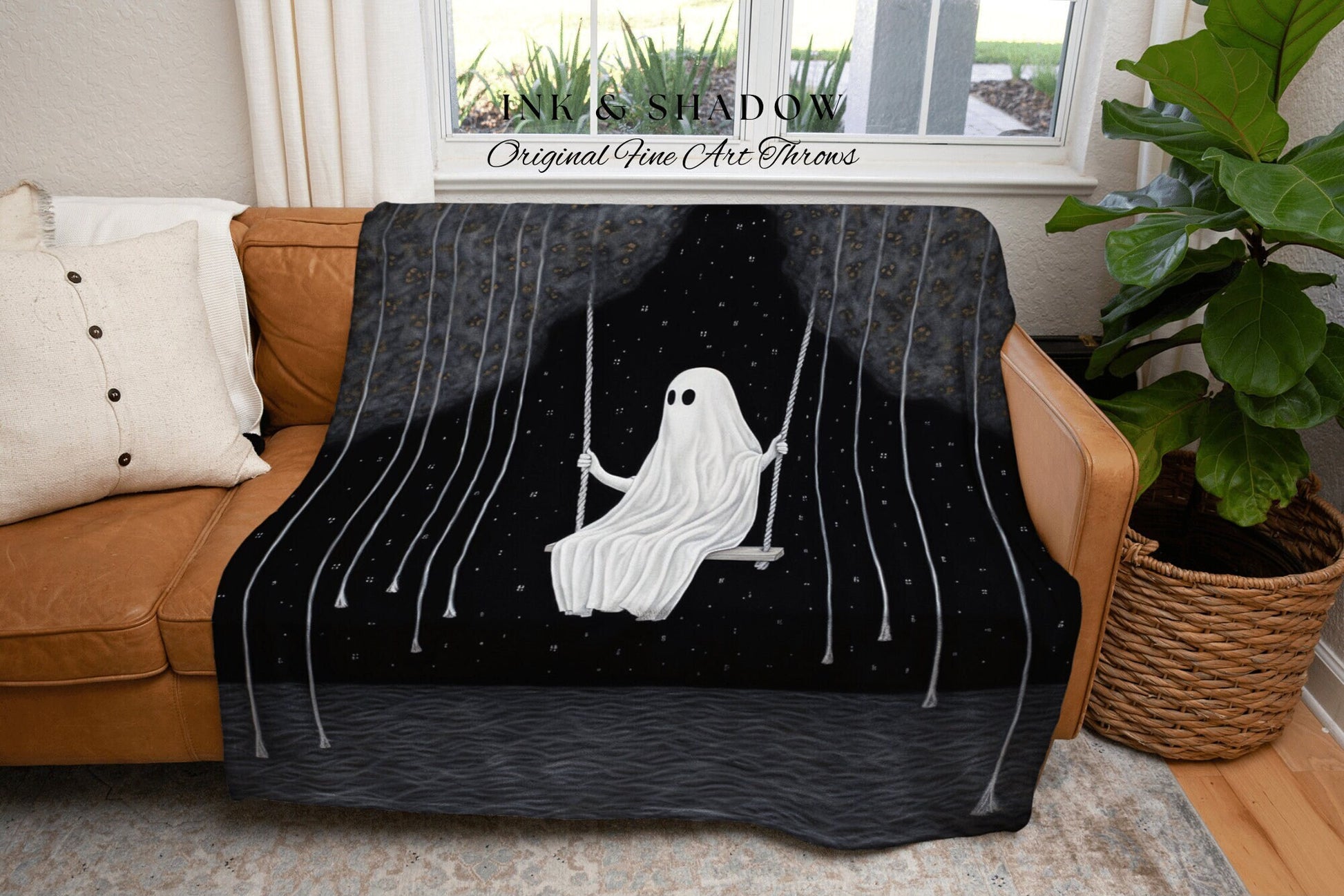 Ghost on a Swing Spooky Cute Blanket Woven | Goth Tapestry Wall Art Dark Academia Decor Cute Ghost Decor Vintage Witchy Halloween Aesthetic