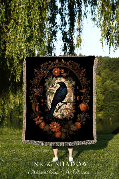 Crowcore Room Decor Gothic Crow Tapestry Vintage Blanket Woven | Black Crow Raven Decor Dark Floral Tapestry Woven Throw Blanket Tapestry |