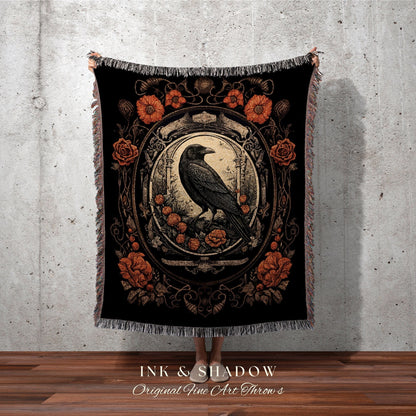 Goth Aesthetic Blanket Woven Wall Hanging | Gothic Home Decor Dark Academia Tapestry Dark Cottagecore | Vintage Occult Tapestry Crow Decor