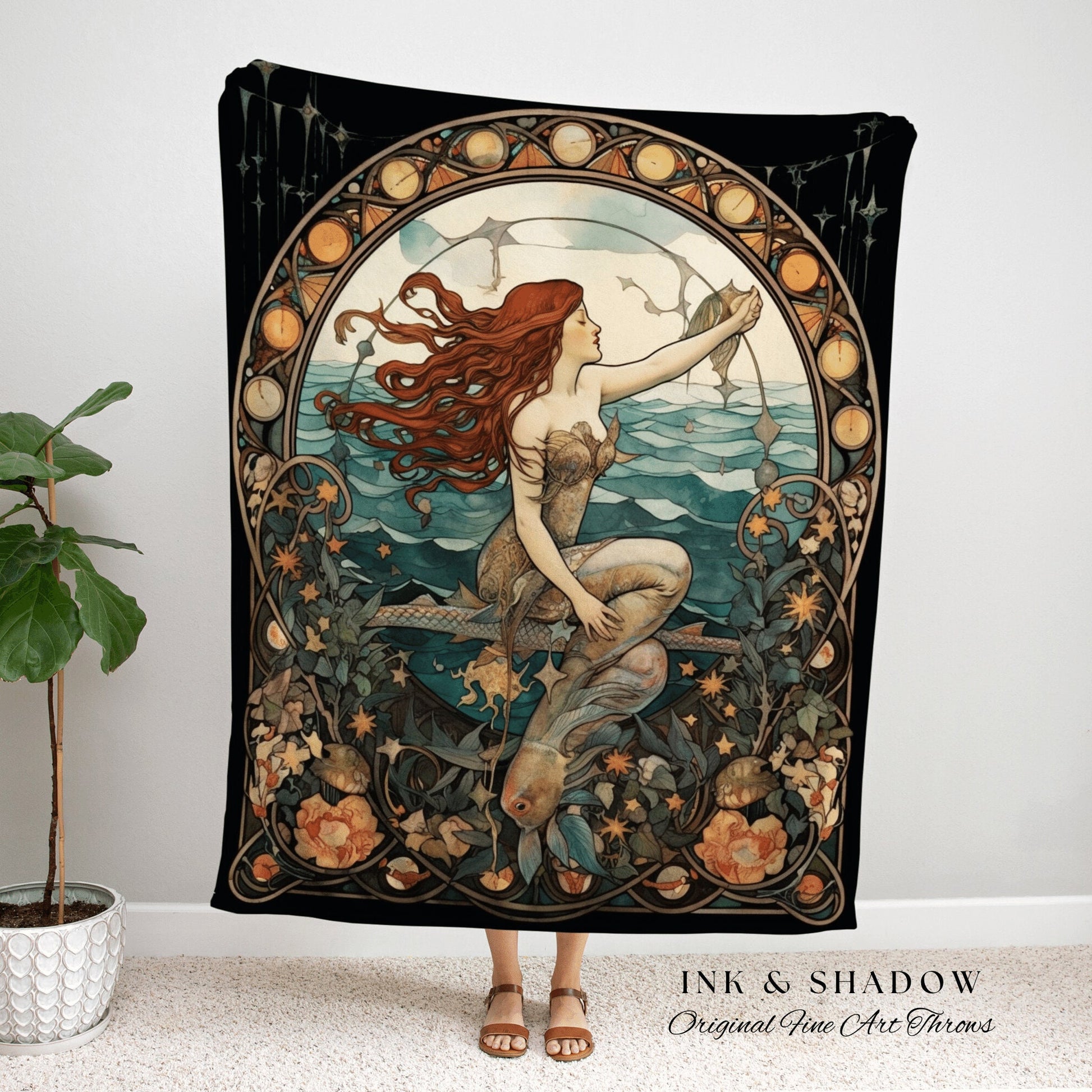 Mermaid Art Nouveau Sea Witch Tapestry Mermaidcore Wall Art Celestial Decor Throw Blanket Woven | Witchy Aesthetic Bedroom Decor Aphrodite