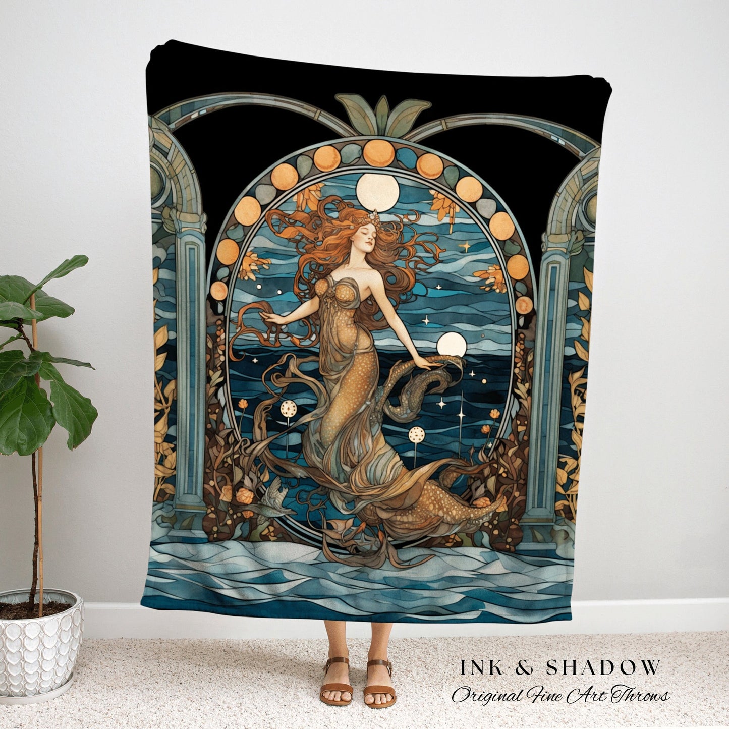 Vintage Mermaid Art Nouveau Sea Witch Tapestry Mermaidcore Wall Art Celestial Decor Throw Blanket Woven | Mermaid Aesthetic Bedroom Decor |