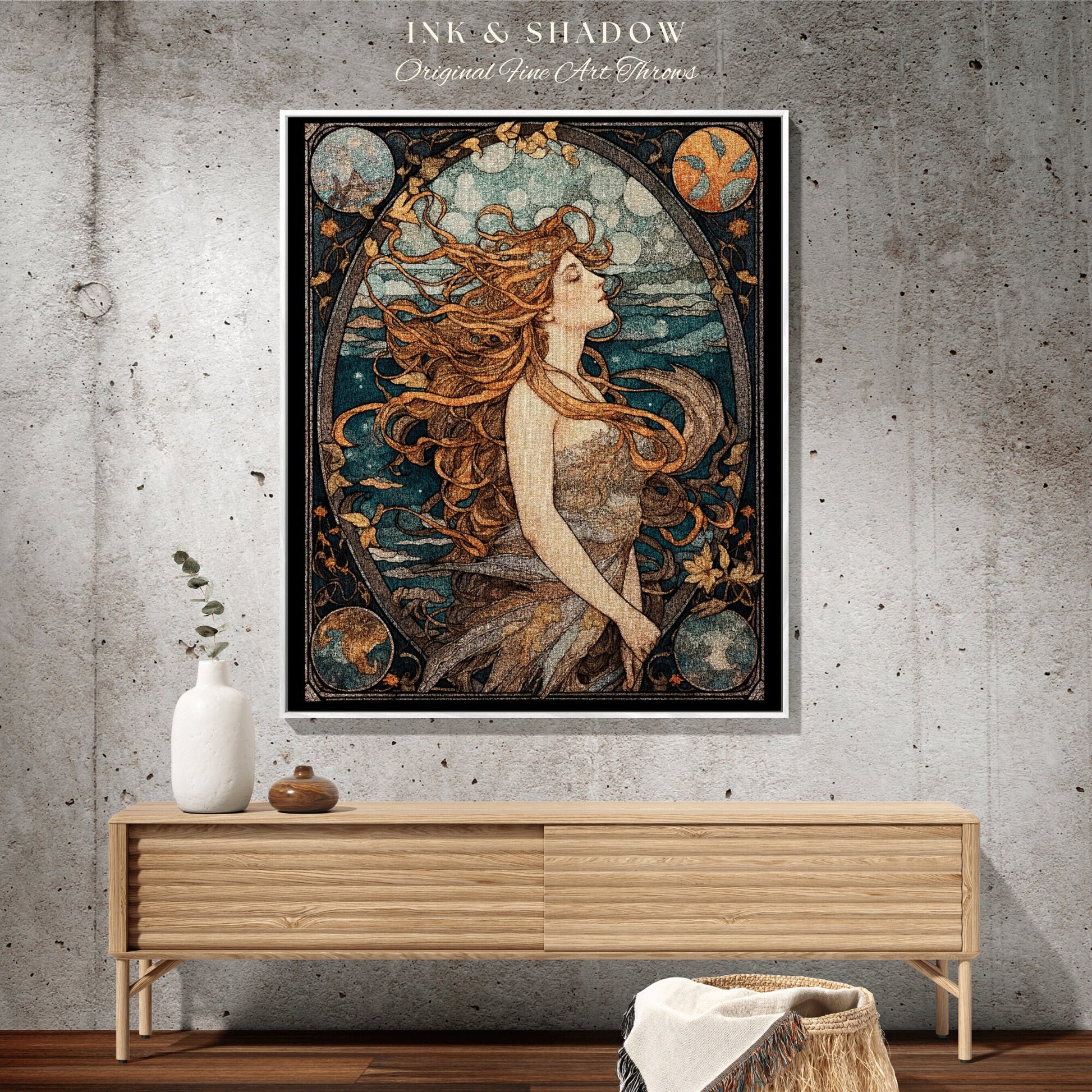 Sea Witch Art Nouveau Mermaid Tapestry Mermaidcore Wall Art Siren Celestial Decor Throw Blanket Woven | Mermaid Aesthetic Bedroom Decor |