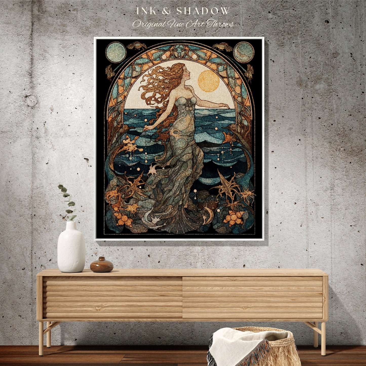 Queen of the Seashore Vintage Mermaid Tapestry Mermaidcore Wall Art Siren Celestial Decor Throw Blanket Woven | Art Nouveau Sea Witchy Decor