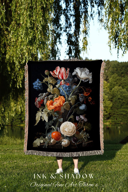 Baroque Floral Goth Tapestry Woven Wall Hanging | Jan Davidsz de Heem Flower Painting Blanket Woven | Whimsigoth Room Decor Witchy Aesthetic