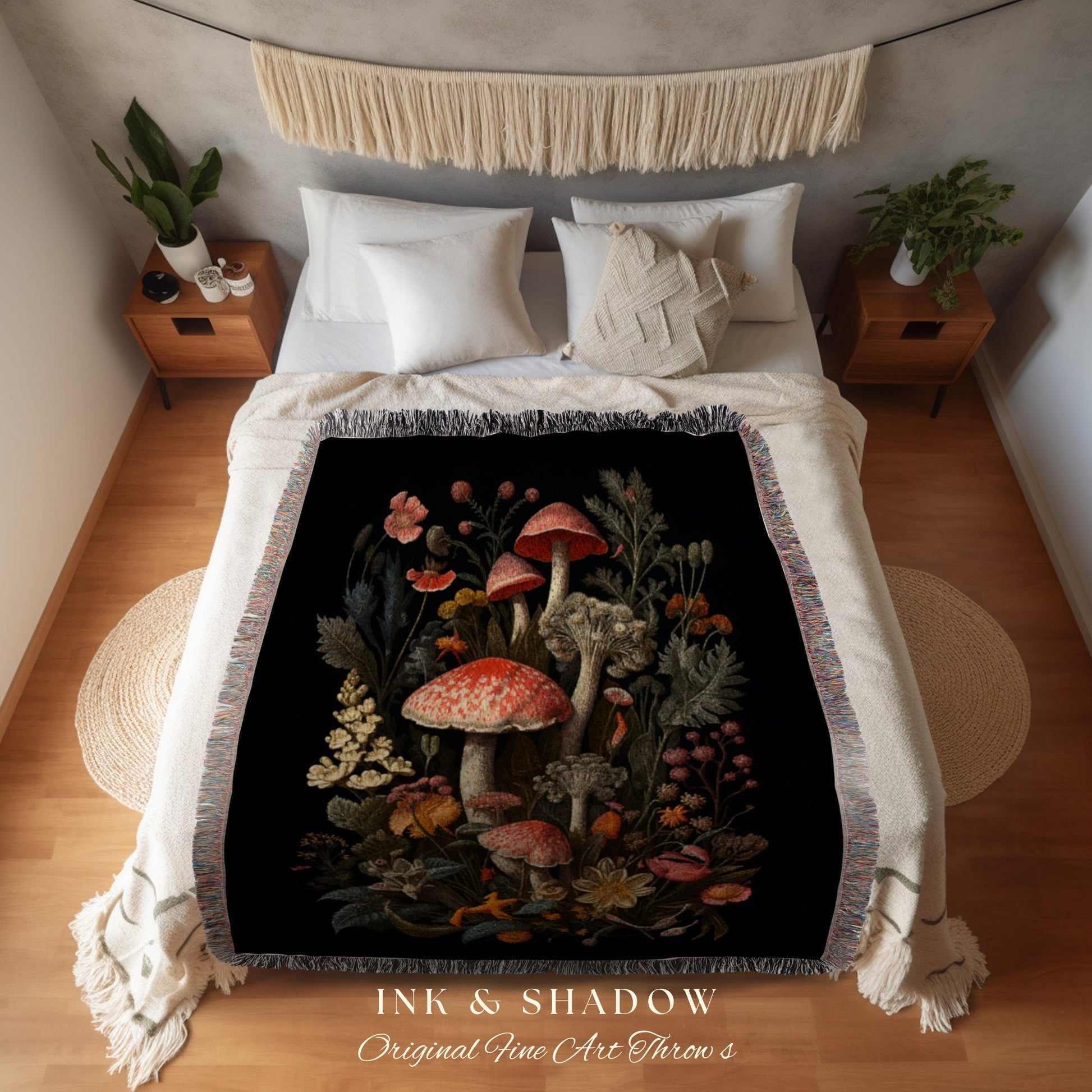 Mushroom Blanket Woven Wall Hanging | Vintage Mushroom Painting Tapestry Woven | Baroque Decor Witch Aesthetic Mushroom Tapestry Cottagecore