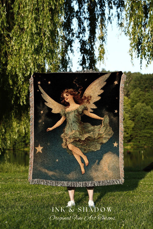 Fairy Tapestry Woven Wall Art Halloween Decor Throw Blanket Vintage | Retro Halloween Decor Fairycore Art Midcentury Halloween Art Celestial