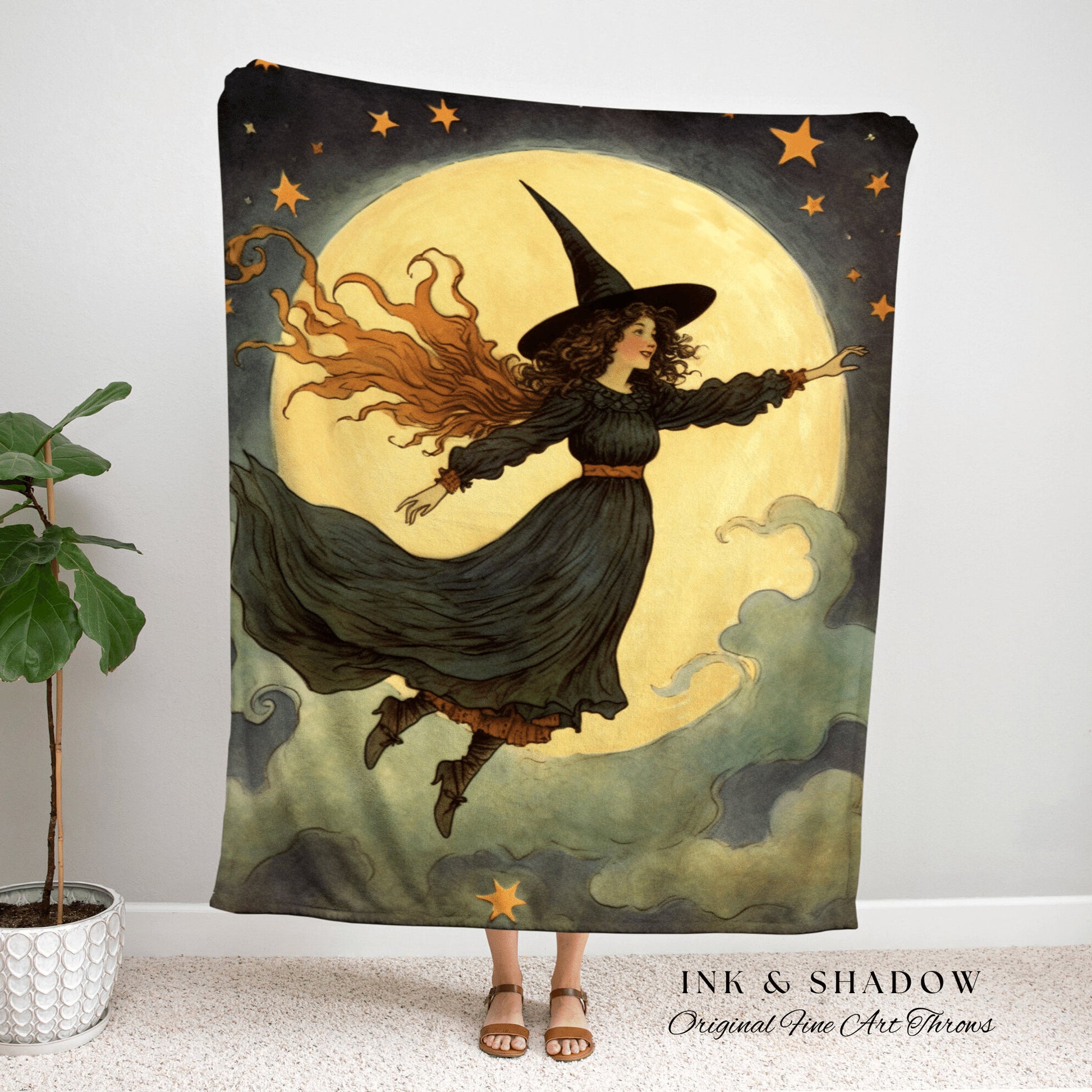 Vintage Witch Tapestry Woven Blanket Halloween Retro Aesthetic | Witchy Bedroom Decor Goth Aesthetic Halloween Cute | Antique Halloween Art