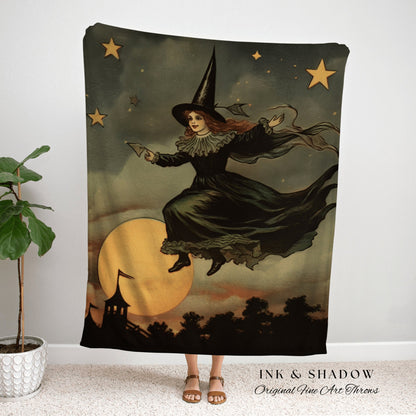 Retro Witch Blanket Tapestry Art Blanket Halloween Retro Aesthetic | Witchy Room Decor Goth Aesthetic Halloween | Antique Halloween Art Cute