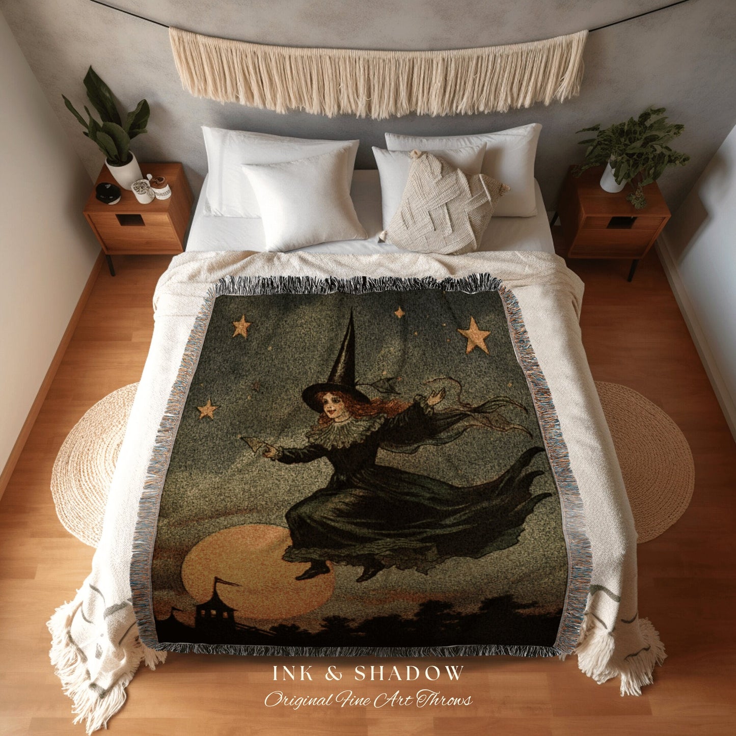 Retro Witch Blanket Tapestry Art Blanket Halloween Retro Aesthetic | Witchy Room Decor Goth Aesthetic Halloween | Antique Halloween Art Cute