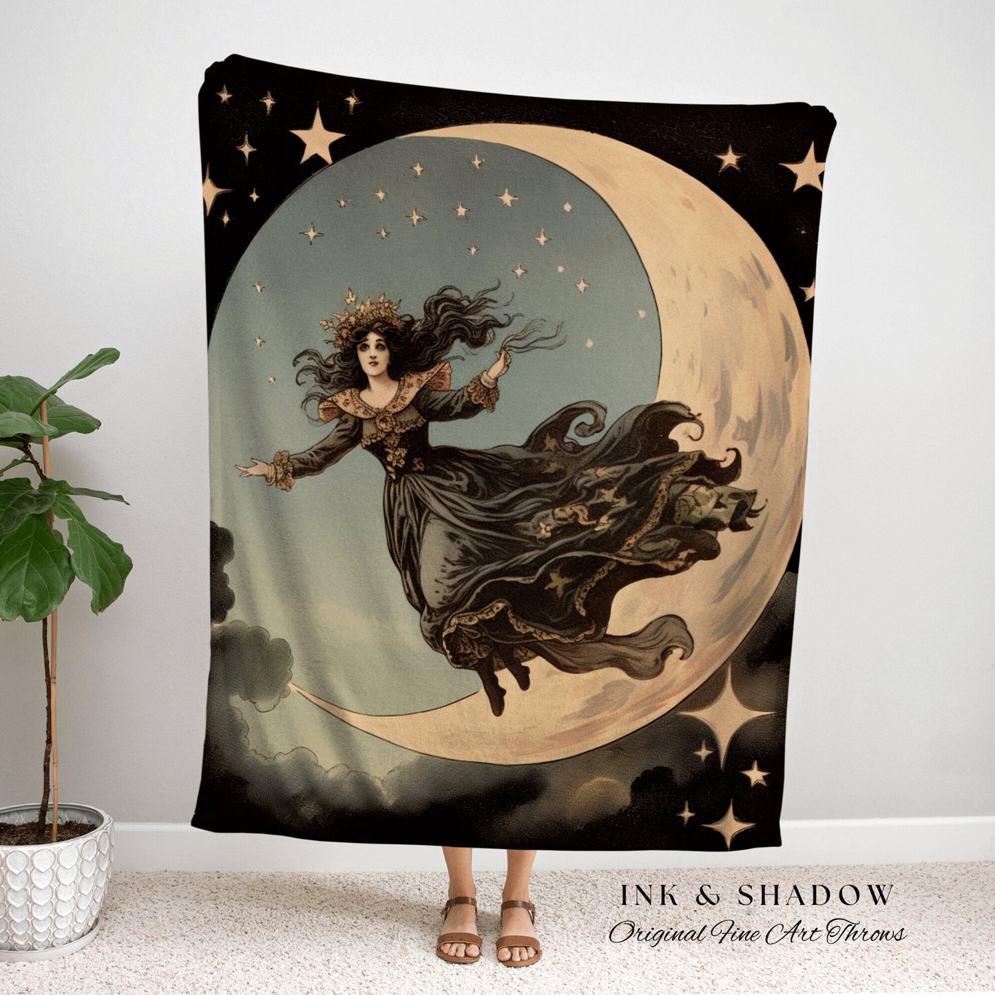 Halloween Night Moon Witch Celestial Tapestry Woven Blanket Halloween Retro Aesthetic | Witchy Room Decor Goth Aesthetic Halloween Spooky |