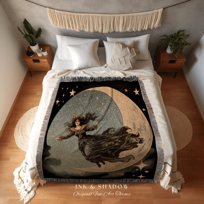 Halloween Night Moon Witch Celestial Tapestry Woven Blanket Halloween Retro Aesthetic | Witchy Room Decor Goth Aesthetic Halloween Spooky |