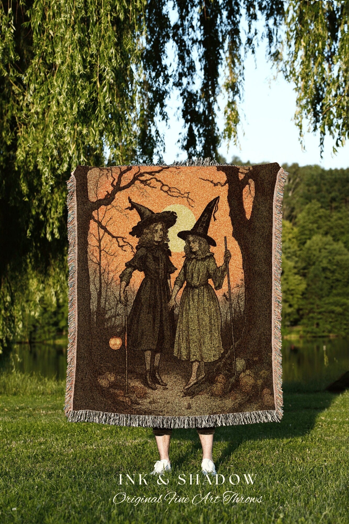 Whimsical Witchy Friends Tapestry Dark Cottagecore Blanket Halloween Gothic | Funny Tapestry Woven Blanket Goth Aesthetic Halloween Vintage