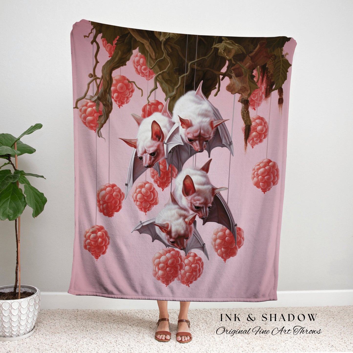 Berry Pink Bat Blanket Woven Throw Dark Cottagecore Decor | Goth Tapestry Vintage Fruit Bat Painting Dark Botanical Woven Wall Art Whimsical