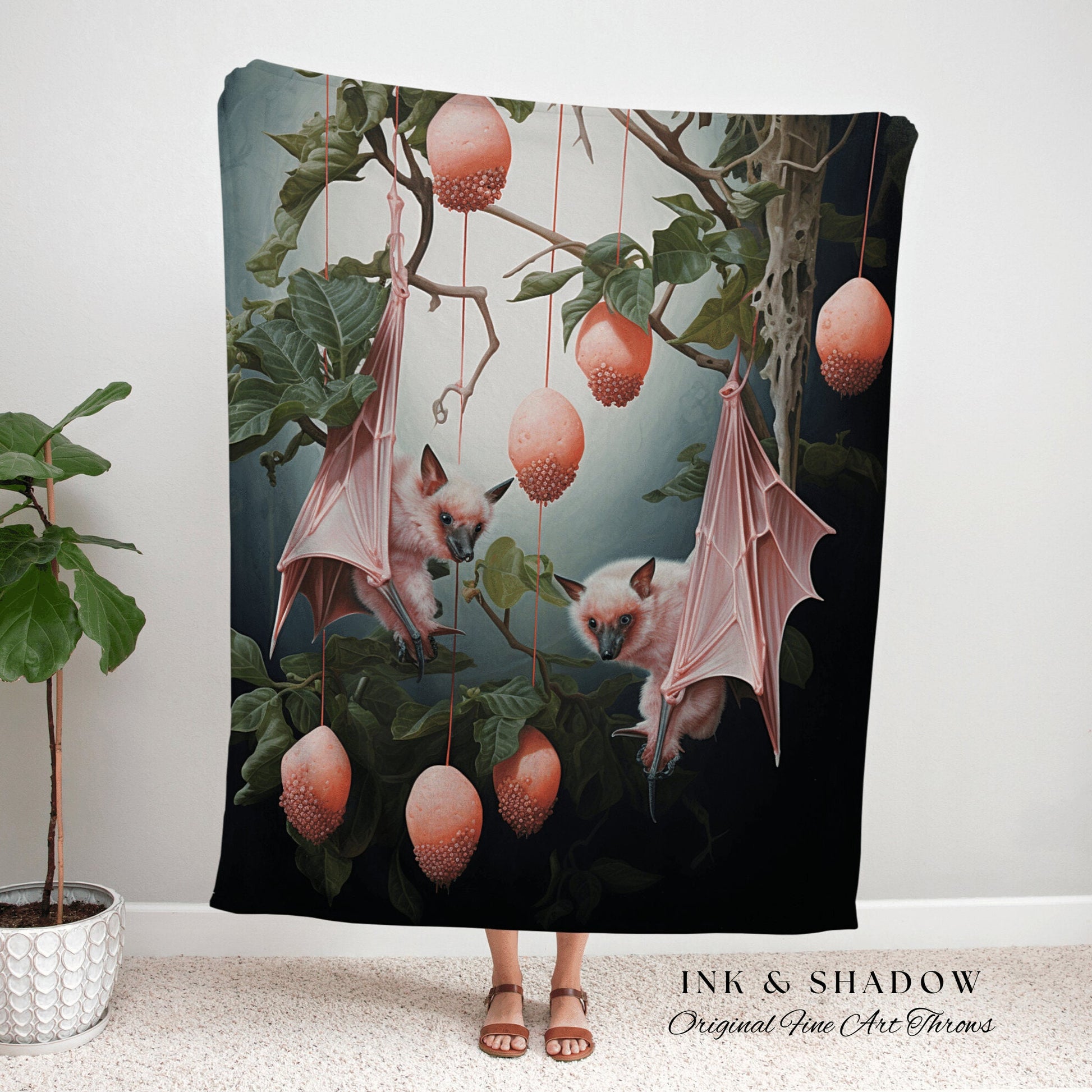 Pink Fruit Bat Blanket Woven Tapestry Cottagecore Decor | Pastel Goth Tapestry Pink Bedroom Decor Fruit Bat Pink Pastel Wall Art Whimsical |