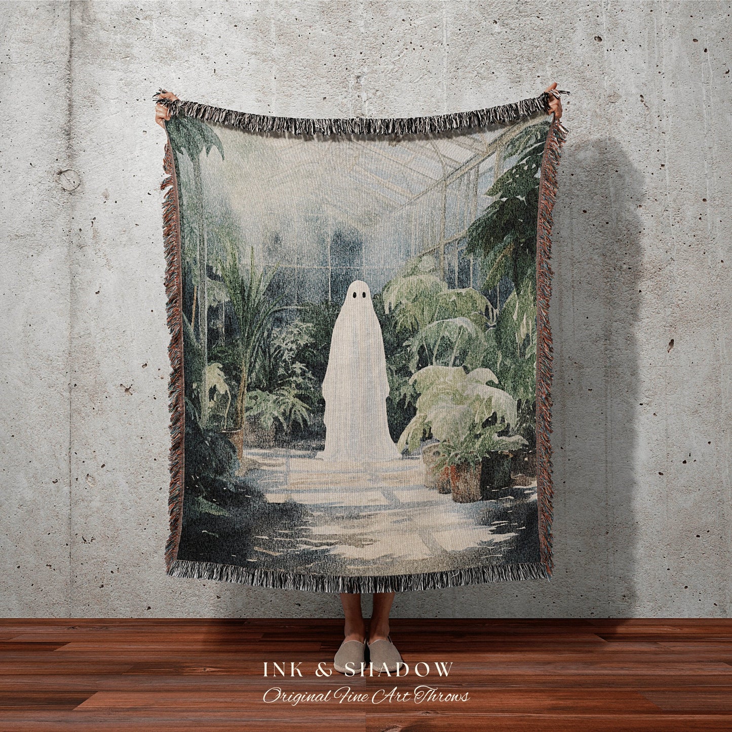 Vintage Garden Ghost Spooky Art Blanket Woven | Botanical Tapestry Vintage Ghost Art Woven Tapestry Halloween Decor Dark Academia Blanket