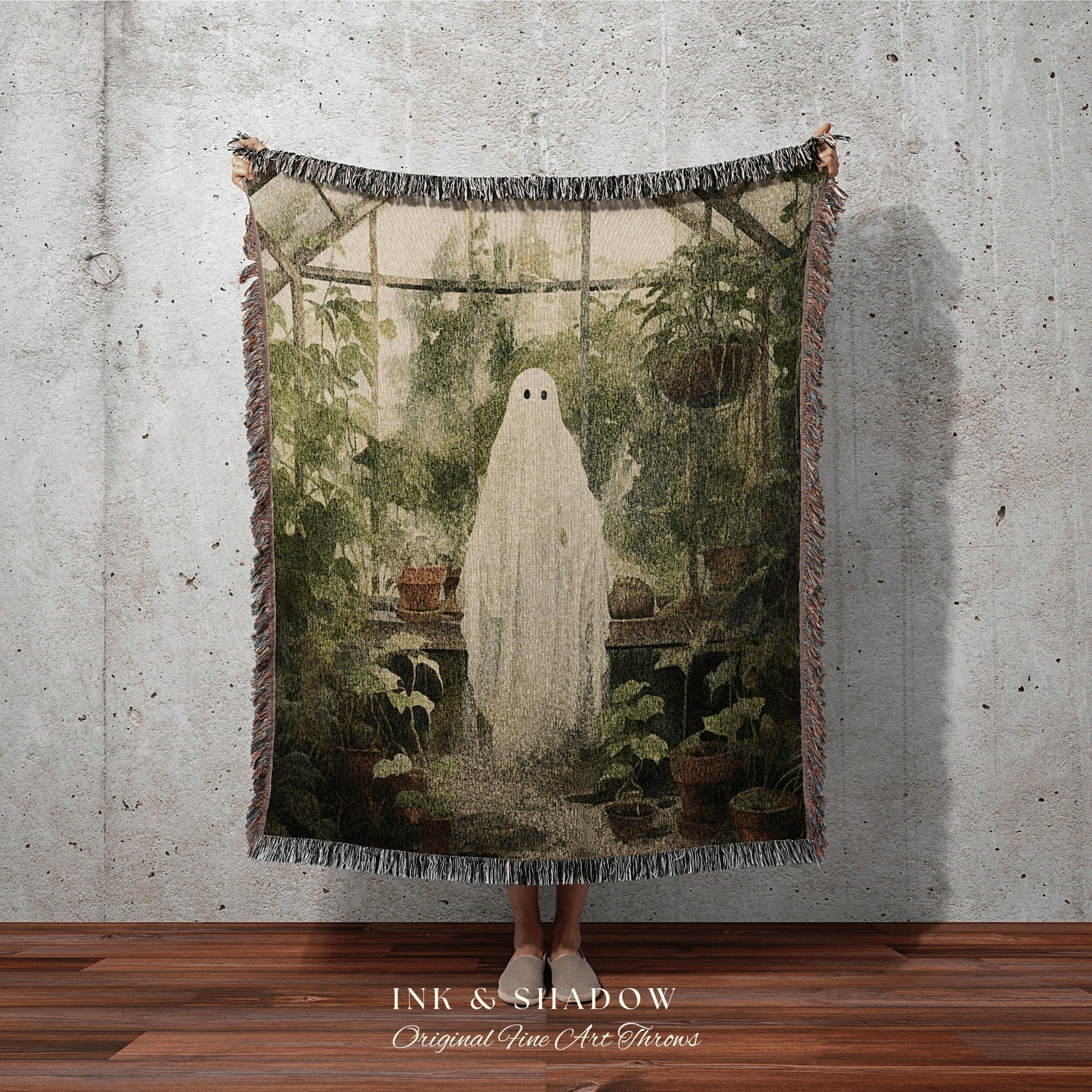 Greenhouse Ghost Vintage Halloween Blanket Woven | Botanical Tapestry Vintage Ghost Art Woven Tapestry Halloween Decor Dark Academia Blanket