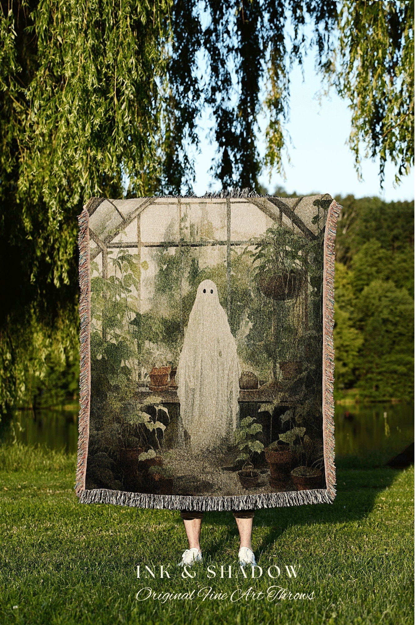 Greenhouse Ghost Vintage Halloween Blanket Woven | Botanical Tapestry Vintage Ghost Art Woven Tapestry Halloween Decor Dark Academia Blanket