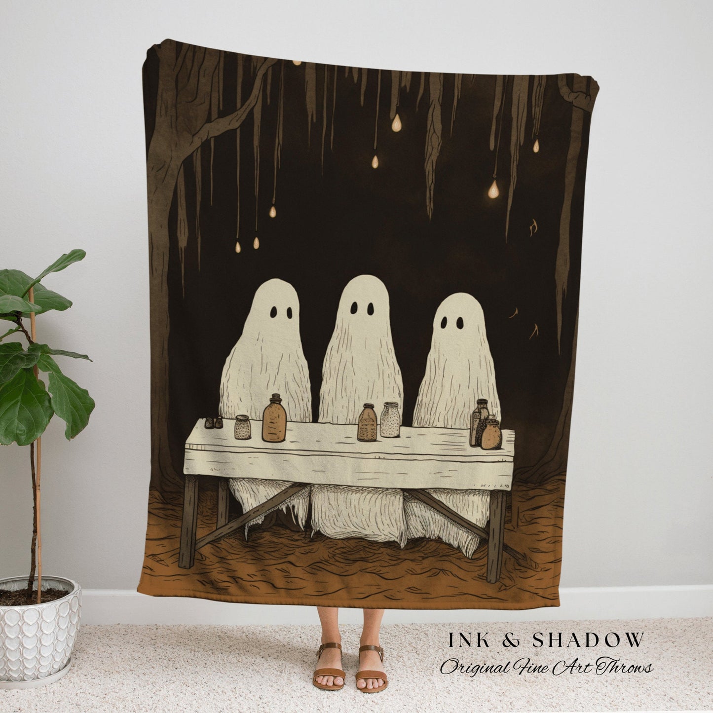 Ghost Family Retro Halloween Decor Blanket Woven | Spooky Cute Ghost Art Woven Tapestry Blanket Halloween Decor Dark Academia Vintage Decor