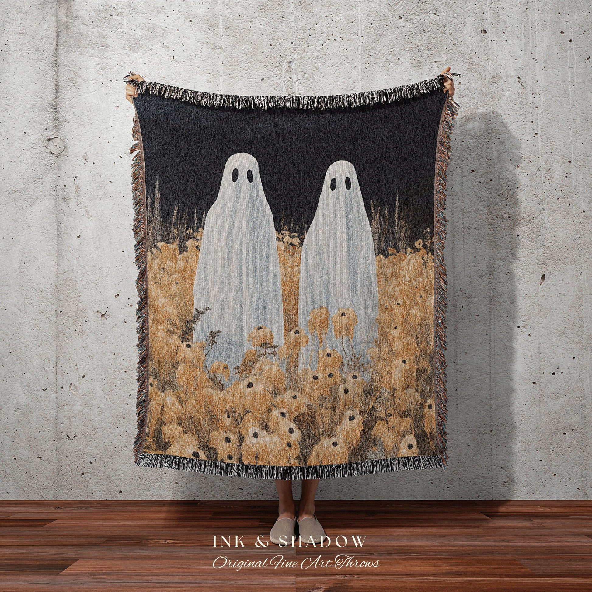 Ghost Couple Tapestry | Indie Room Decor Vintage Halloween Tapestry Woven Blanket Ghost Friends | Haunted Forest Ghost Blanket Occult Decor