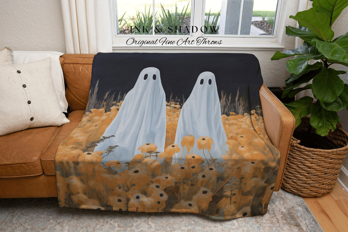 Ghost Couple Tapestry | Indie Room Decor Vintage Halloween Tapestry Woven Blanket Ghost Friends | Haunted Forest Ghost Blanket Occult Decor