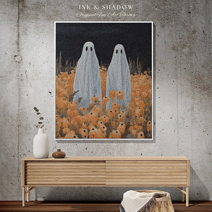 Ghost Couple Tapestry | Indie Room Decor Vintage Halloween Tapestry Woven Blanket Ghost Friends | Haunted Forest Ghost Blanket Occult Decor