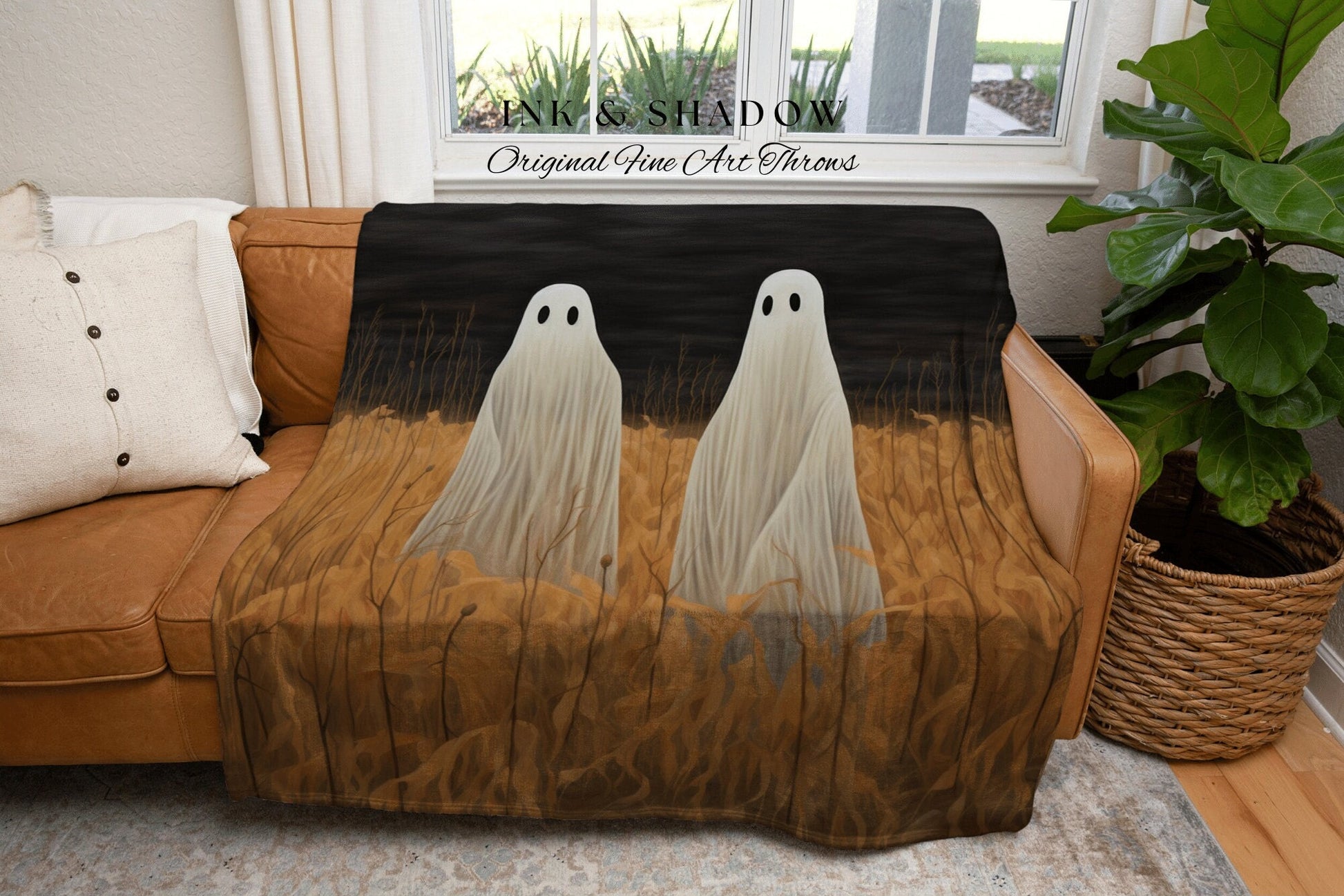 Spooky Ghost Friends Halloween Decor Vintage Tapestry Woven Blanket Ghost Friends | Dark Cottagecore Decor Gothic Dorm Room Tapestry Blanket