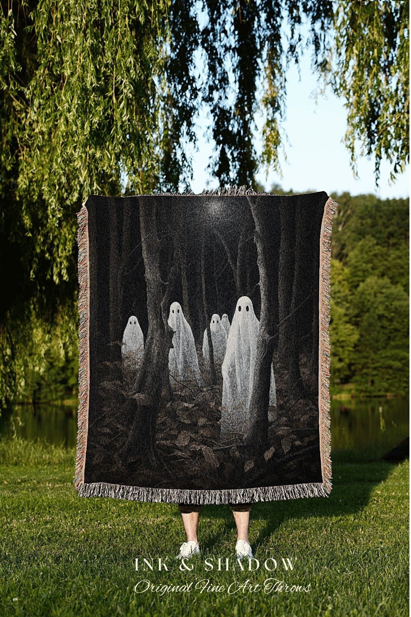 Dark Gothic Ghost Blanket Indie Room Decor Vintage Halloween Tapestry Woven Blanket | Haunted Forest Dark Cottagecore Decor Gothic Blanket |