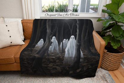 Dark Gothic Ghost Blanket Indie Room Decor Vintage Halloween Tapestry Woven Blanket | Haunted Forest Dark Cottagecore Decor Gothic Blanket |