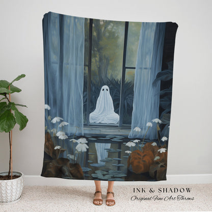 Haunted Window Ghost Spooky Tapestry | Fall Aesthetic Vintage Ghost Art Woven Tapestry Halloween Decor Dark Academia Wall Art Ghost Blanket