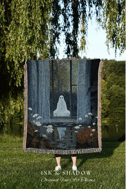 Haunted Window Ghost Spooky Tapestry | Fall Aesthetic Vintage Ghost Art Woven Tapestry Halloween Decor Dark Academia Wall Art Ghost Blanket