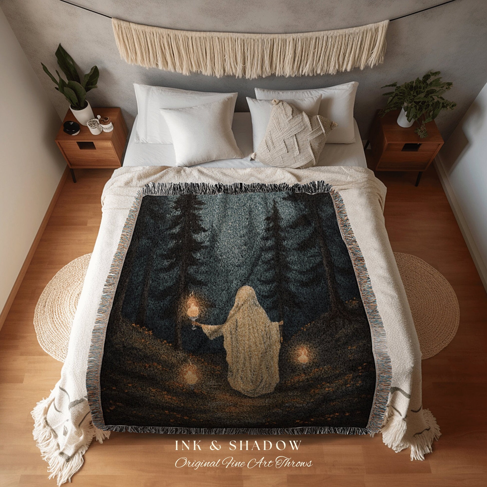 Forest Spirit Woodland Blanket Woven Tapestry Spooky Room Decor Vintage Halloween Tapestry Woven Blanket | Haunted Forest Dark Academia Art