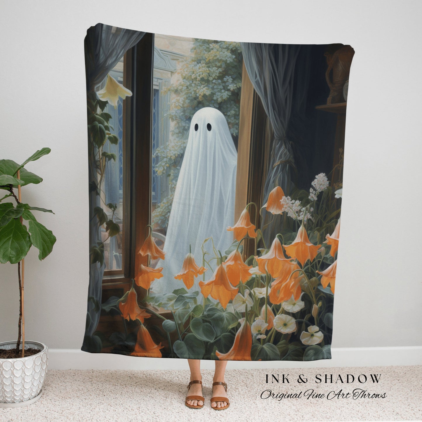 Botanical Forest Ghost Tapestry Blanket Ghost Spooky Tapestry | Halloween Vintage Ghost Art Woven Tapestry Halloween Decor Dark Academia Art