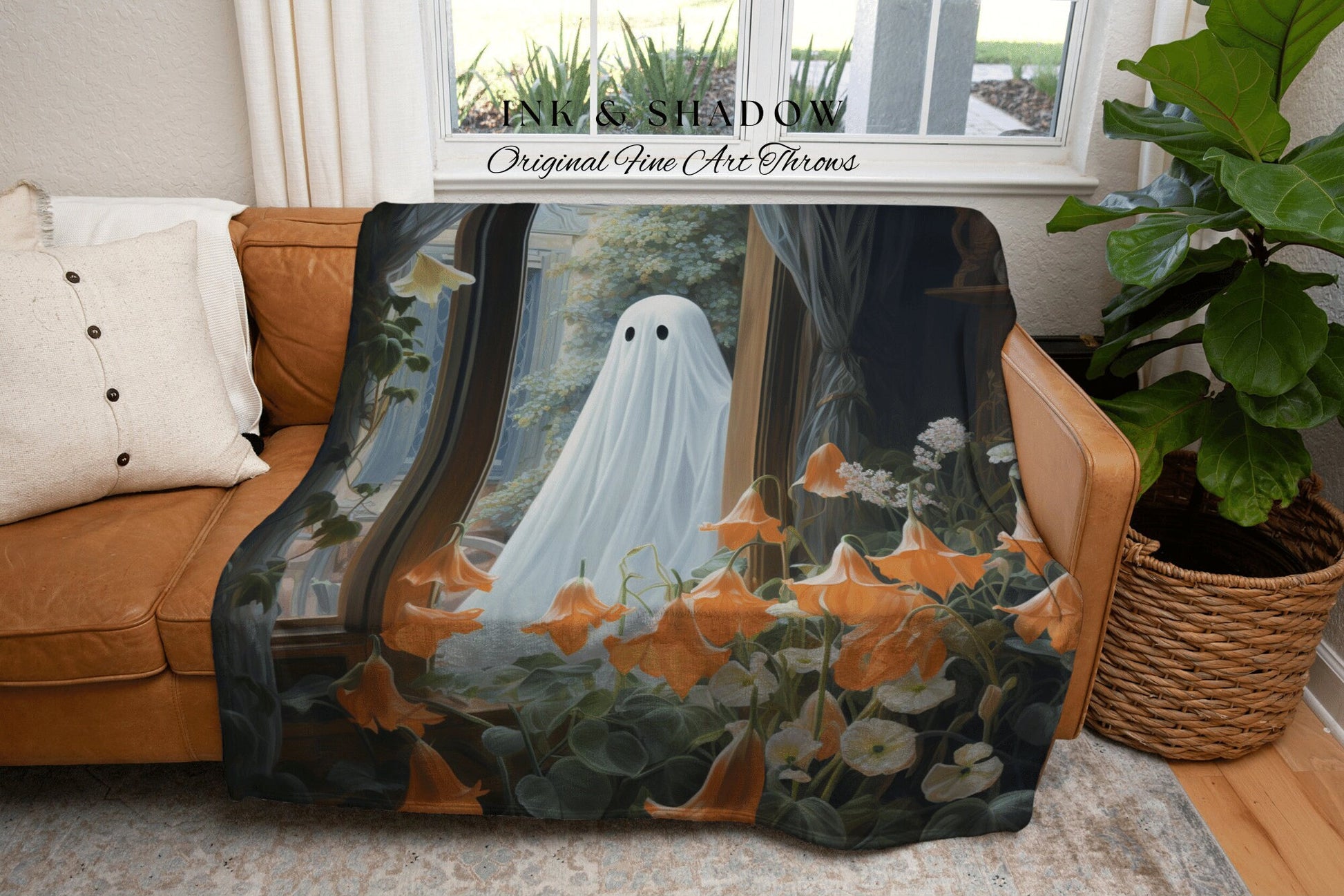 Botanical Forest Ghost Tapestry Blanket Ghost Spooky Tapestry | Halloween Vintage Ghost Art Woven Tapestry Halloween Decor Dark Academia Art