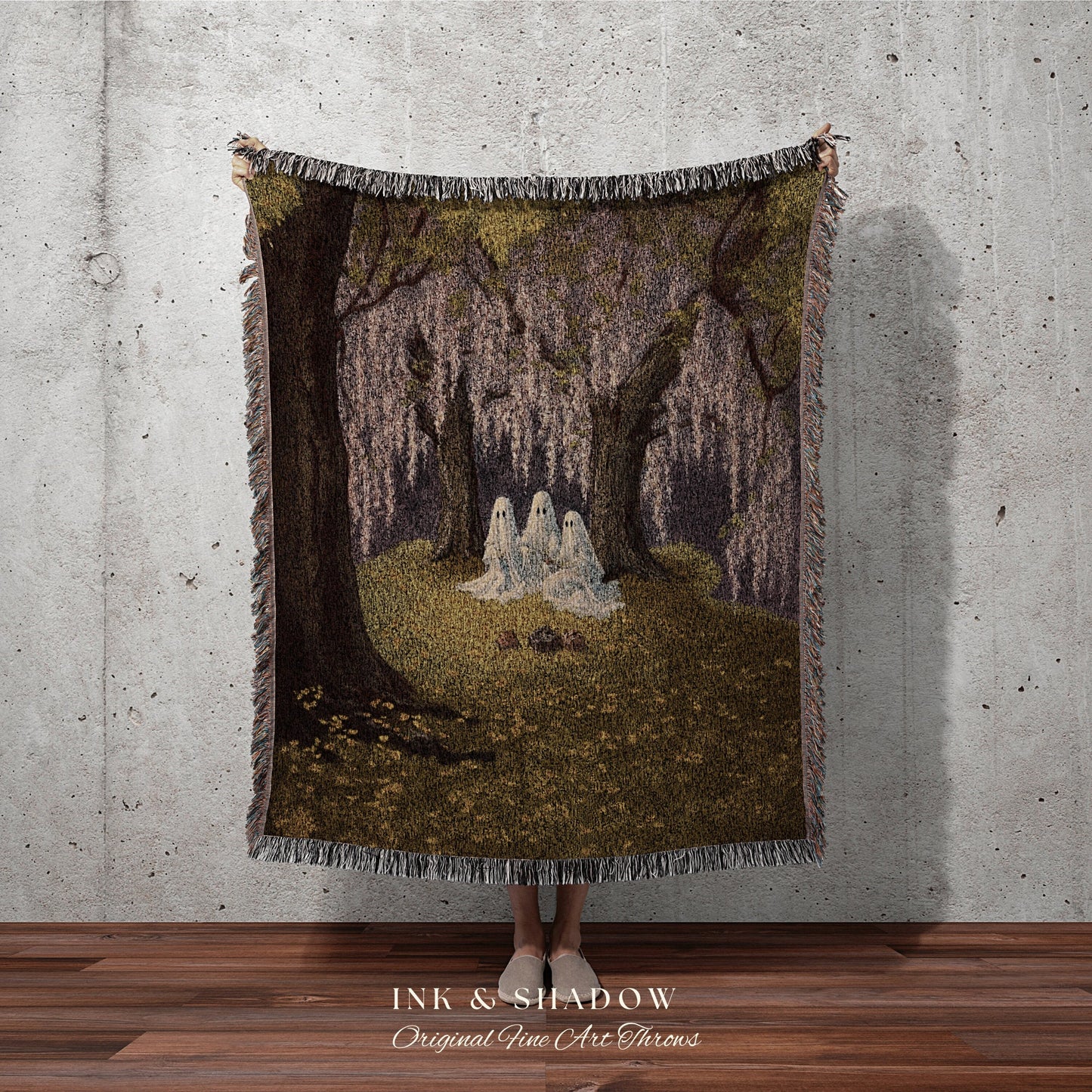 Ghost Picnic Blanket Floral Tapestry Woven Wall Hanging | Halloween Vintage Ghost Art Woven Tapestry Blanket Halloween Decor Dark Academia |