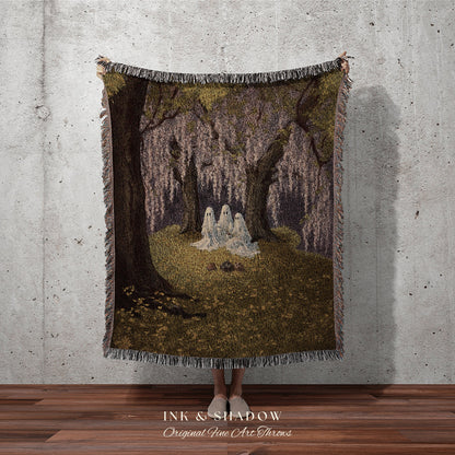 Ghost Picnic Blanket Floral Tapestry Woven Wall Hanging | Halloween Vintage Ghost Art Woven Tapestry Blanket Halloween Decor Dark Academia |