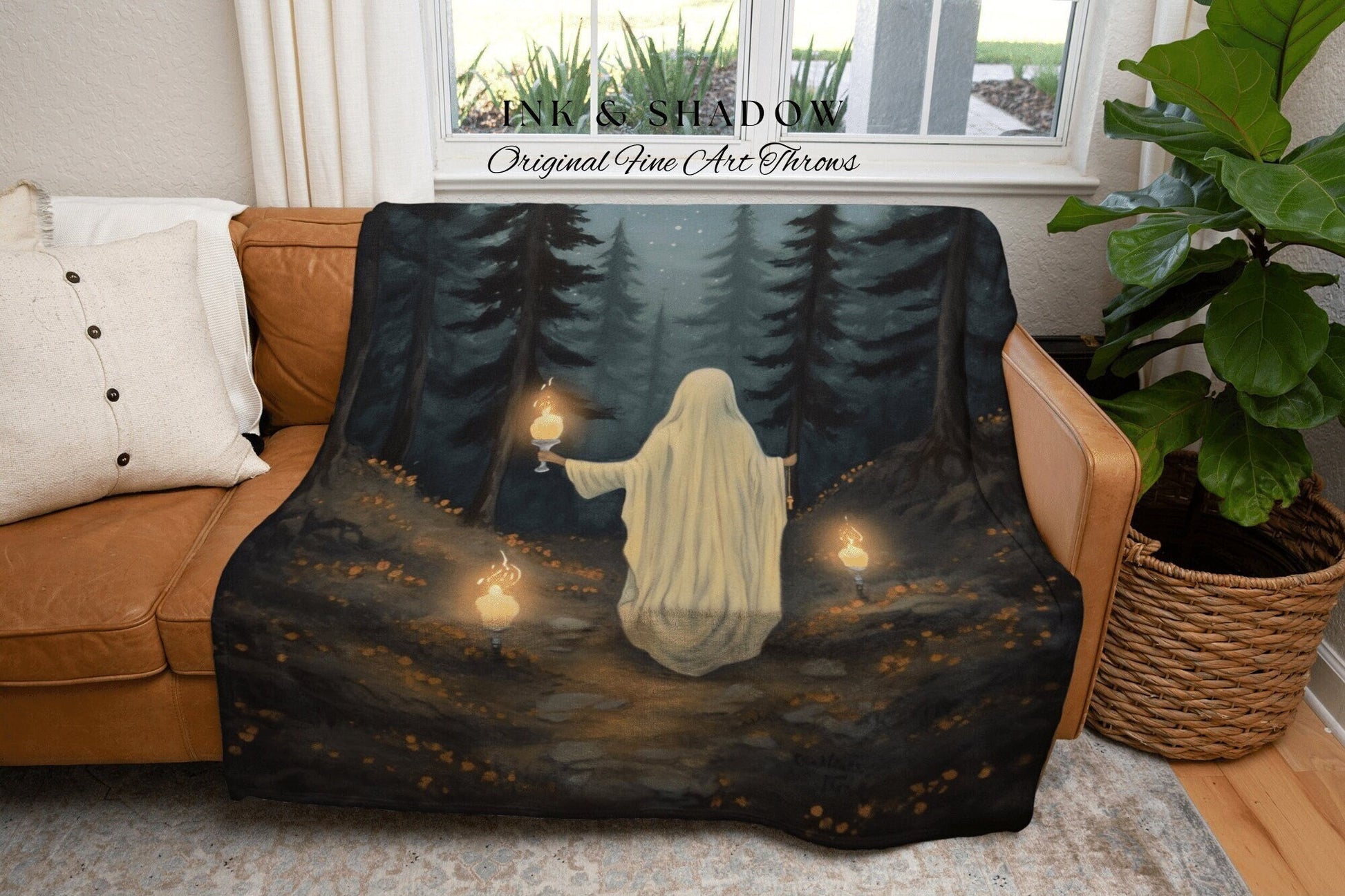 Forest Spirit Woodland Blanket Woven Tapestry Spooky Room Decor Vintage Halloween Tapestry Woven Blanket | Haunted Forest Dark Academia Art