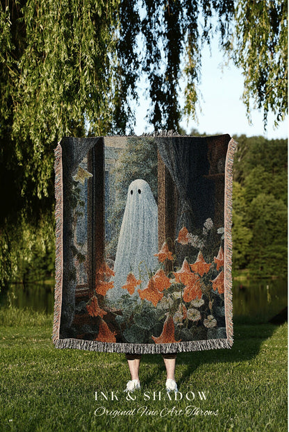 Botanical Forest Ghost Tapestry Blanket Ghost Spooky Tapestry | Halloween Vintage Ghost Art Woven Tapestry Halloween Decor Dark Academia Art