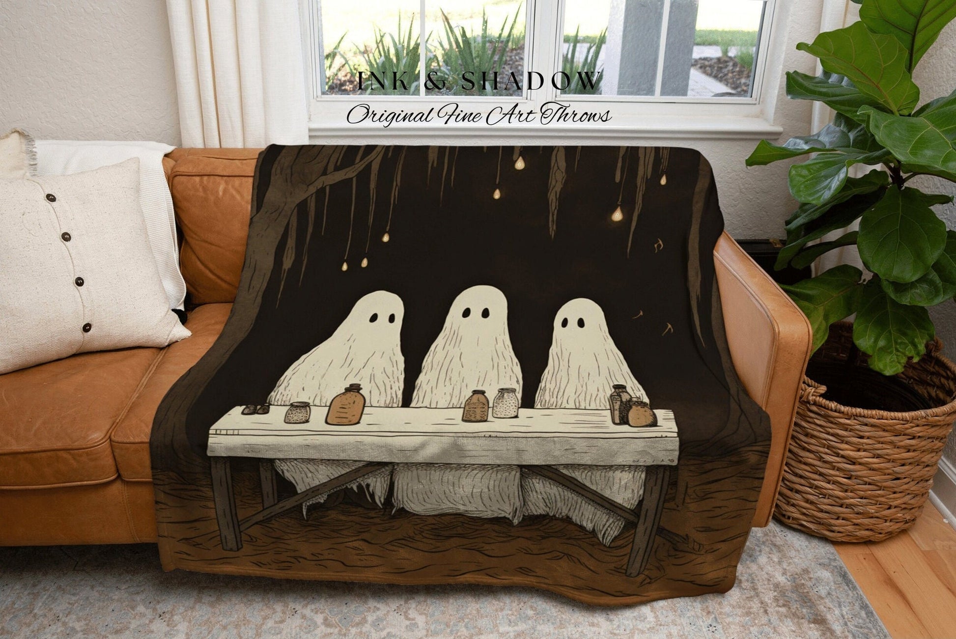 Ghost Family Retro Halloween Decor Blanket Woven | Spooky Cute Ghost Art Woven Tapestry Blanket Halloween Decor Dark Academia Vintage Decor