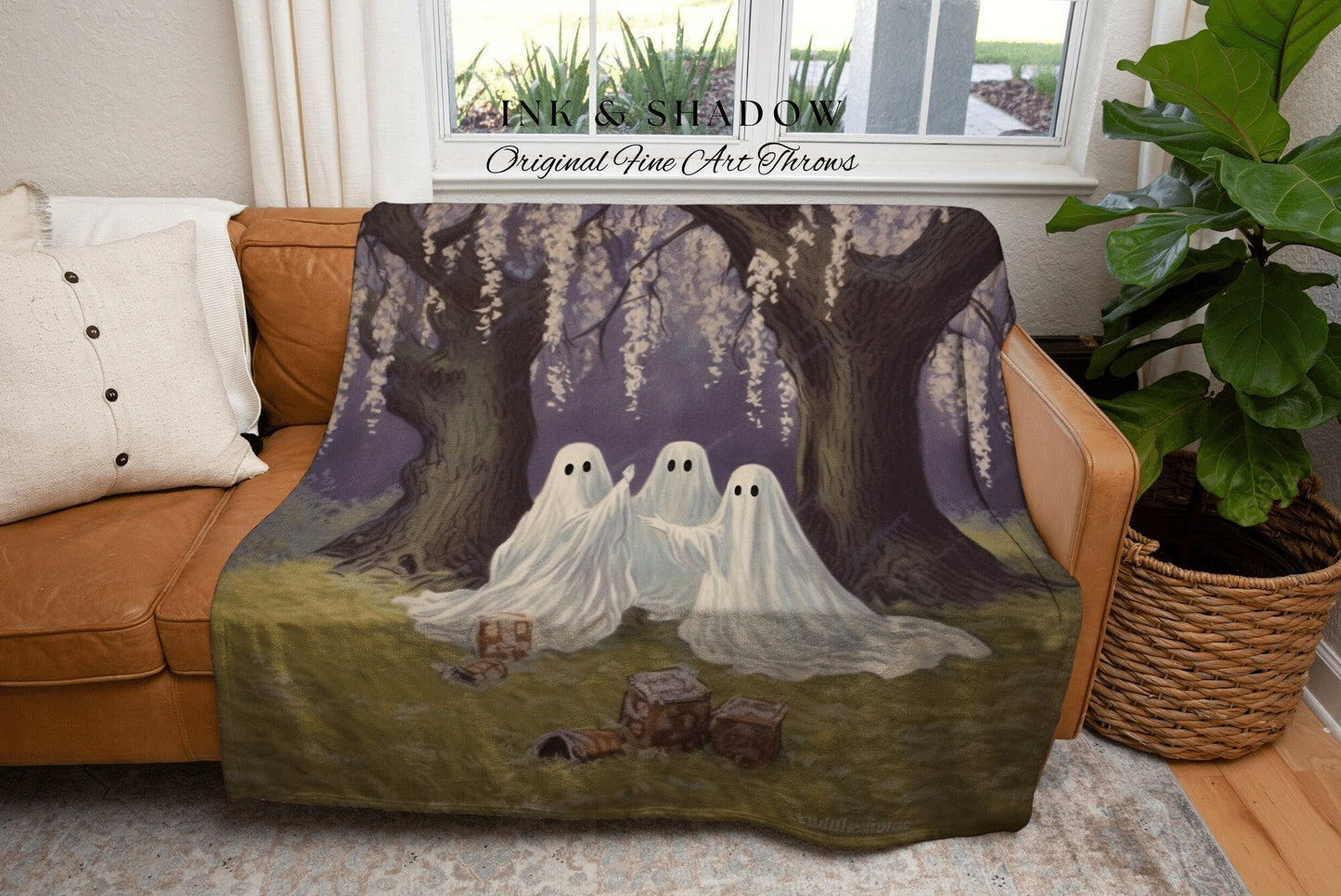 Wisteria Ghosts Blanket Floral Tapestry Woven Wall Hanging | Halloween Vintage Ghost Art Woven Tapestry Blanket Halloween Ghost Family Throw