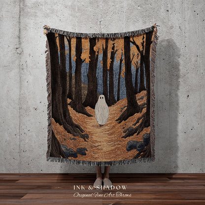 Autumn Ghost Tapestry Halloween Spooky Cute Blanket Woven | Spooky Cute Decor Vintage Halloween Art Tapestry Dark Cottagecore Decor Gothic |